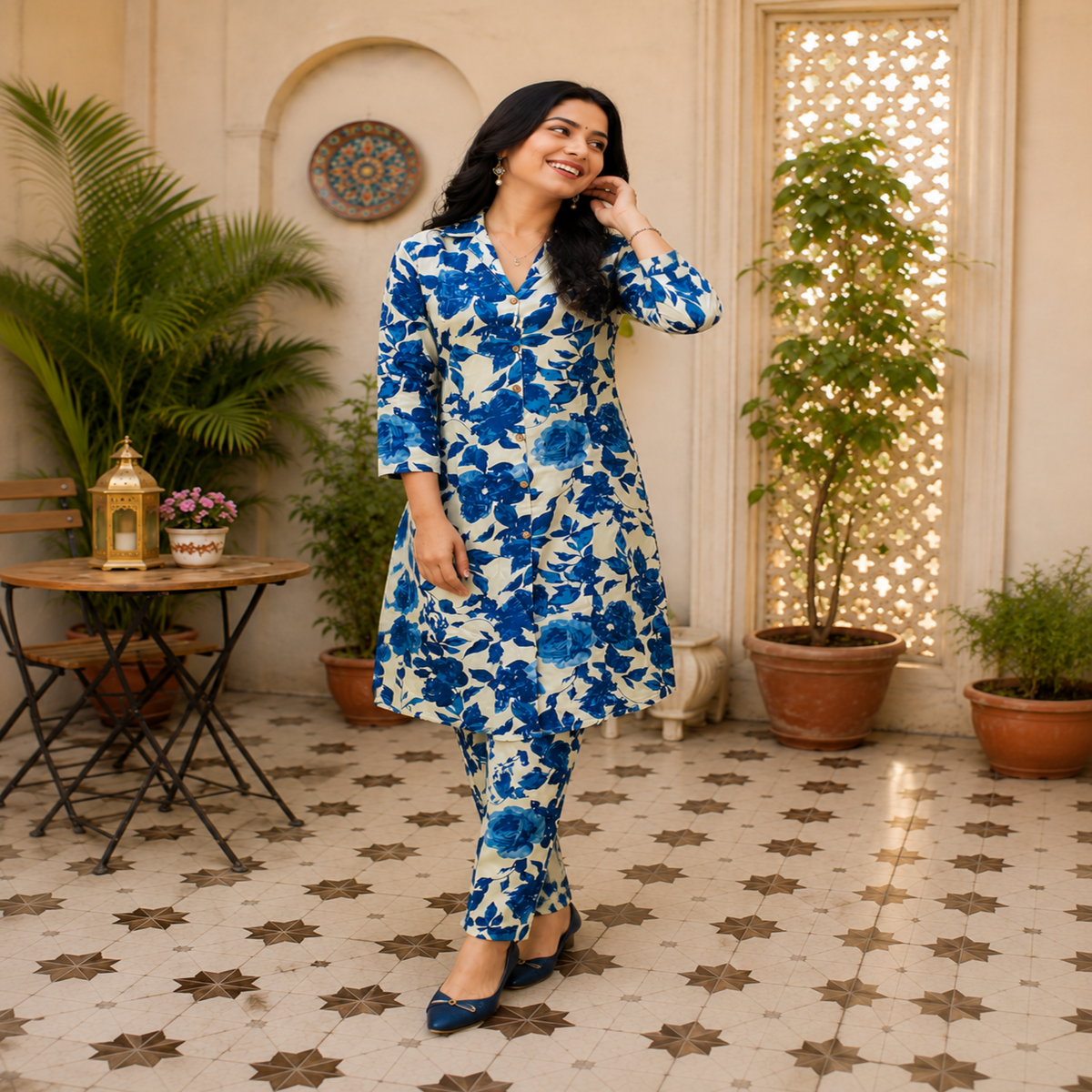 Blue floral printed co-ord set for women with longline tunic and matching straight-fit pants