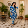 Blue floral printed co-ord set for women with longline tunic and matching straight-fit pants