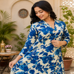 Blue floral printed co-ord set for women with longline tunic and matching straight-fit pants