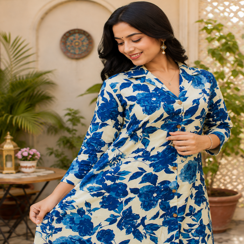 Blue floral printed co-ord set for women with longline tunic and matching straight-fit pants