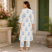White and Blue Printed Cotton Kurta Pant Set for Women
