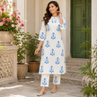 White and Blue Printed Cotton Kurta Pant Set for Women
