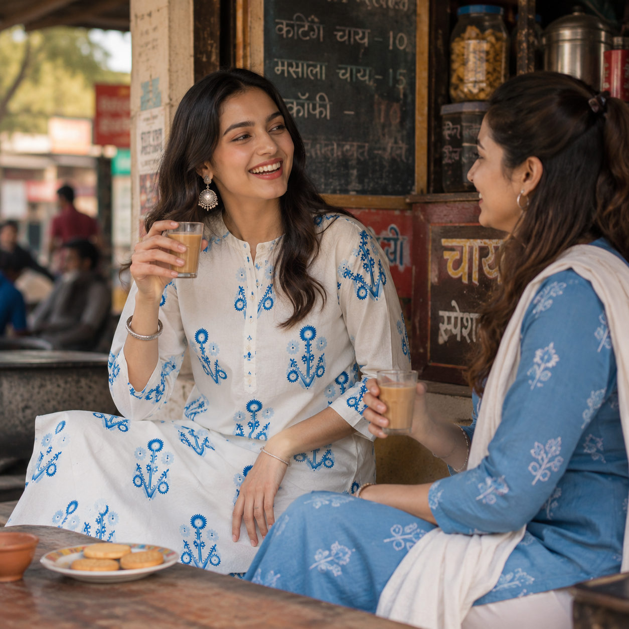 White and Blue Printed Cotton Kurta Pant Set for Women
