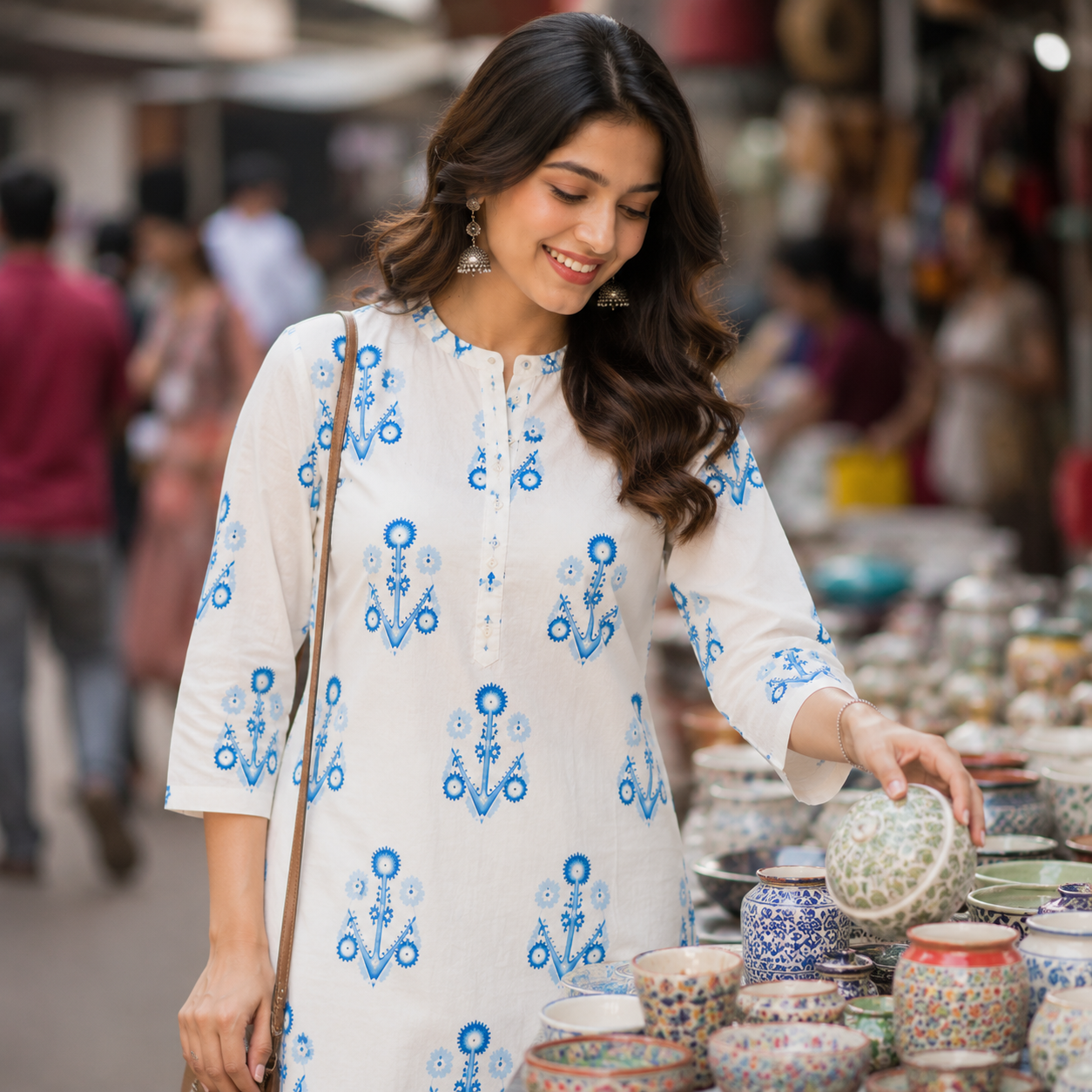 White and Blue Printed Cotton Kurta Pant Set for Women
