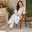 White and Blue Printed Cotton Kurta Pant Set for Women

