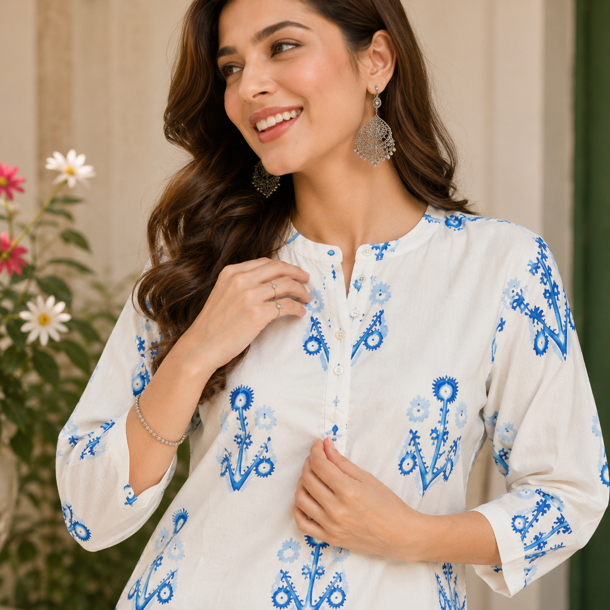 White and Blue Printed Cotton Kurta Pant Set for Women

