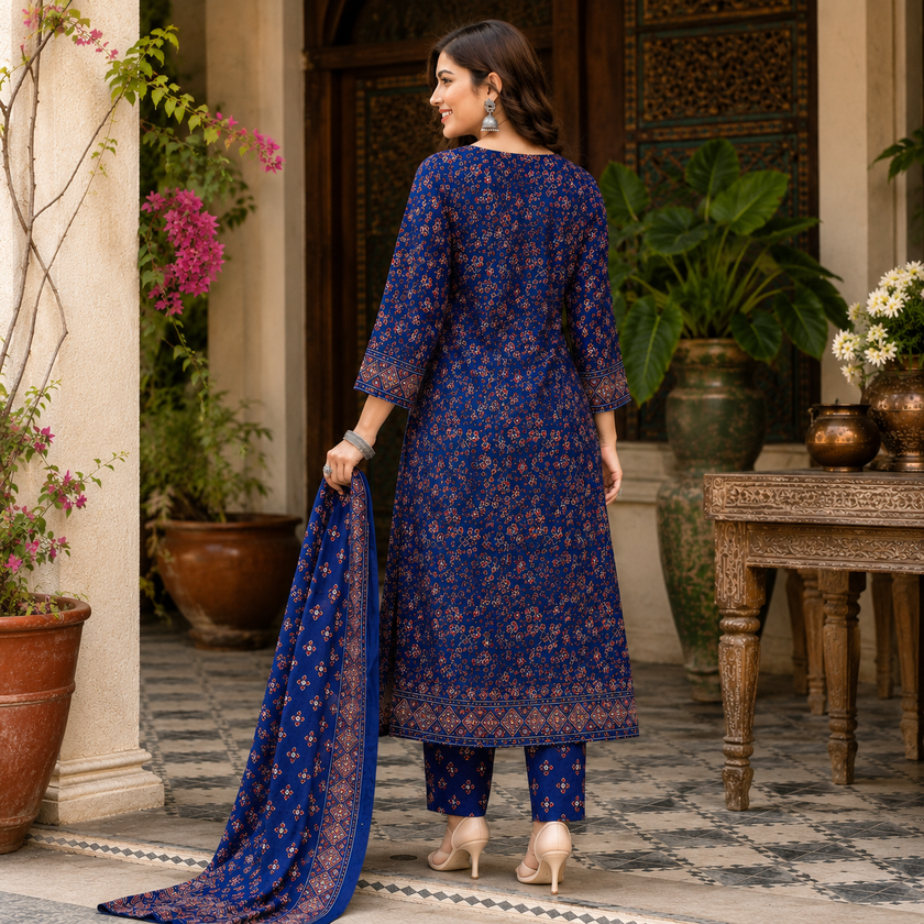 Blue Printed Cotton Dupatta Suit for Women with Floral Print Kurta
