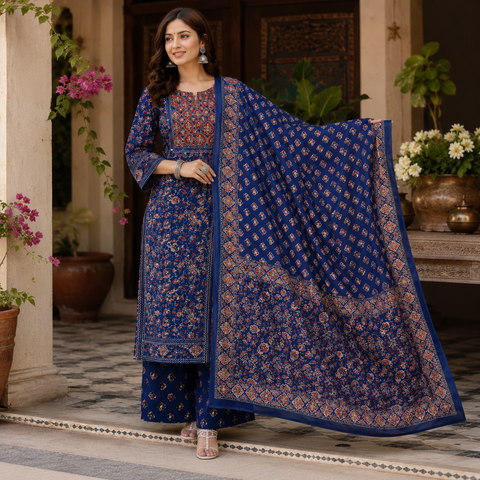 Blue Printed Cotton Dupatta Suit for Women with Floral Print Kurta
