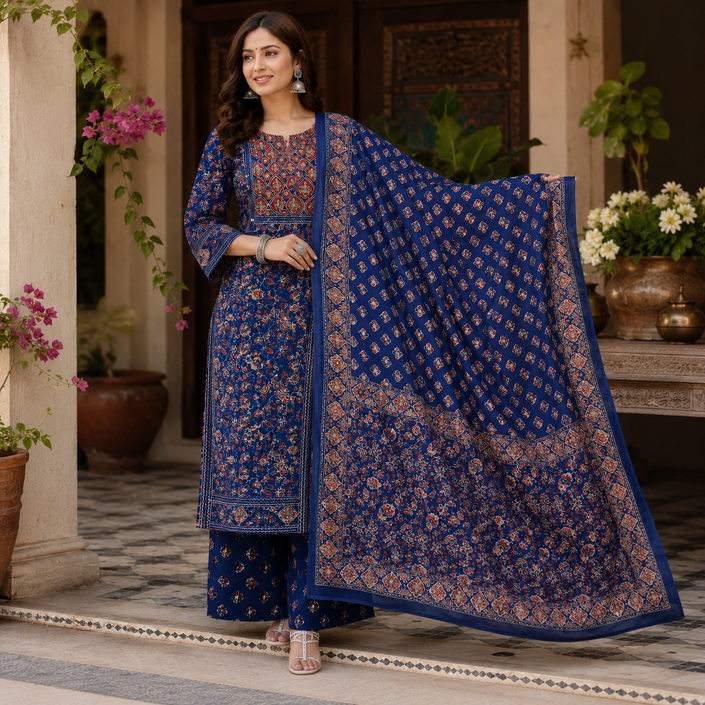 Blue Printed Cotton Dupatta Suit for Women with Floral Print Kurta
