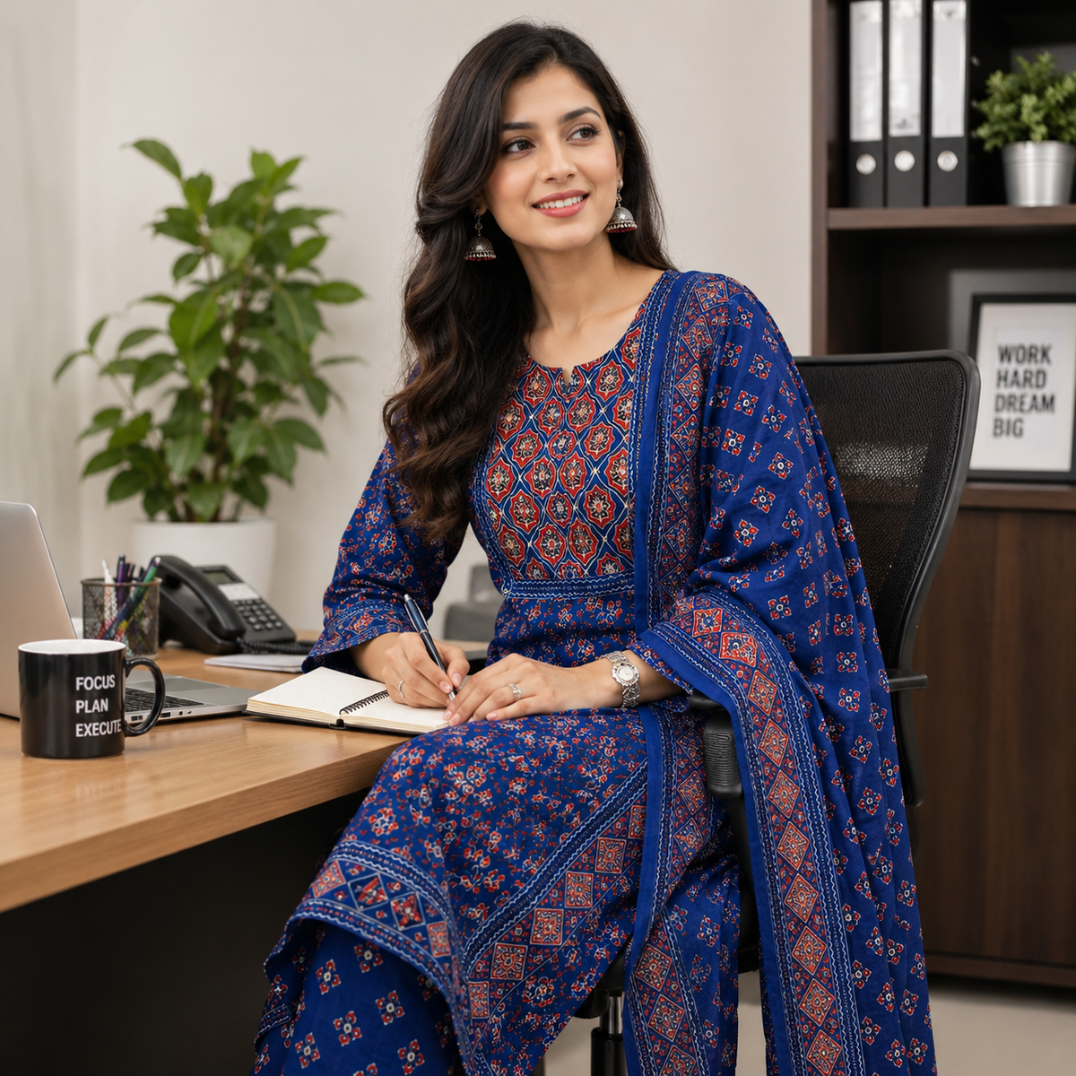 Blue Printed Cotton Dupatta Suit for Women with Floral Print Kurta

