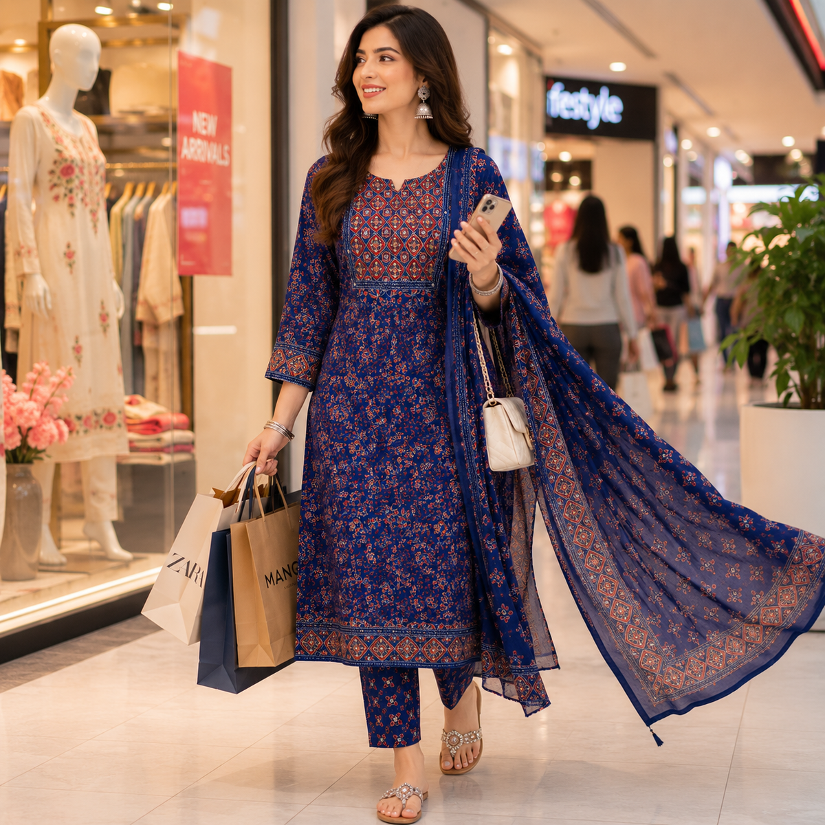 Blue Printed Cotton Dupatta Suit for Women with Floral Print Kurta
