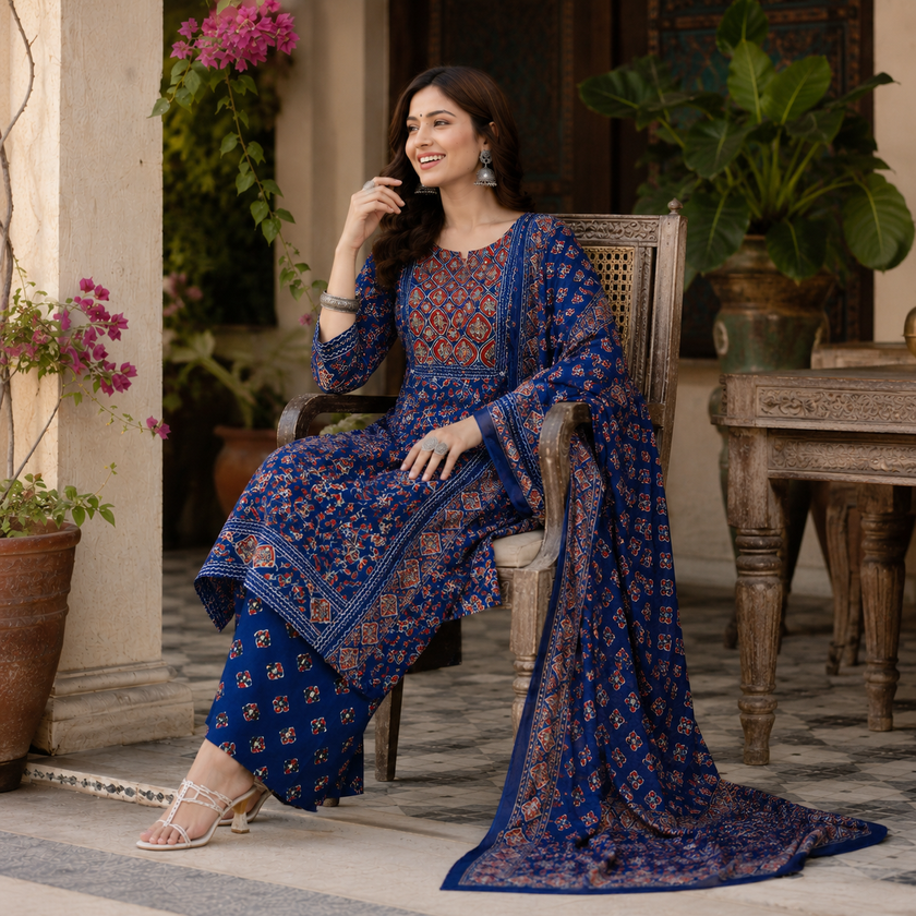Blue Printed Cotton Dupatta Suit for Women with Floral Print Kurta

