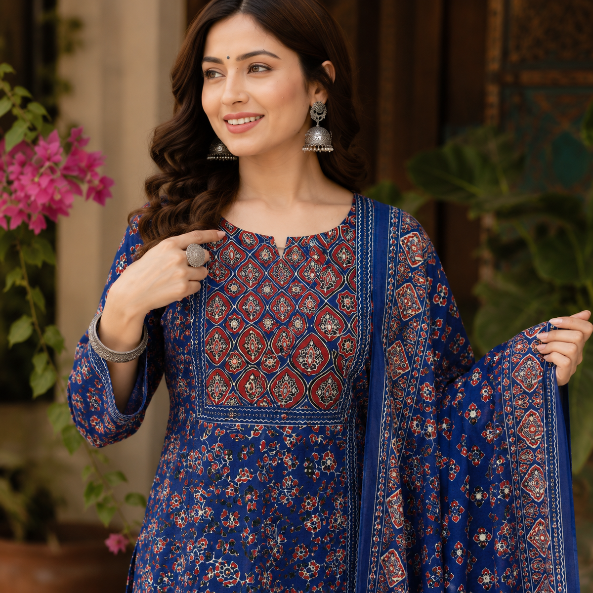 Blue Printed Cotton Dupatta Suit for Women with Floral Print Kurta
