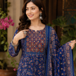 Blue Printed Cotton Dupatta Suit for Women with Floral Print Kurta

