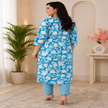 Blue White Cotton Floral Kurta Set for Women with Floral Printed Kurta and Matching Straight Pants