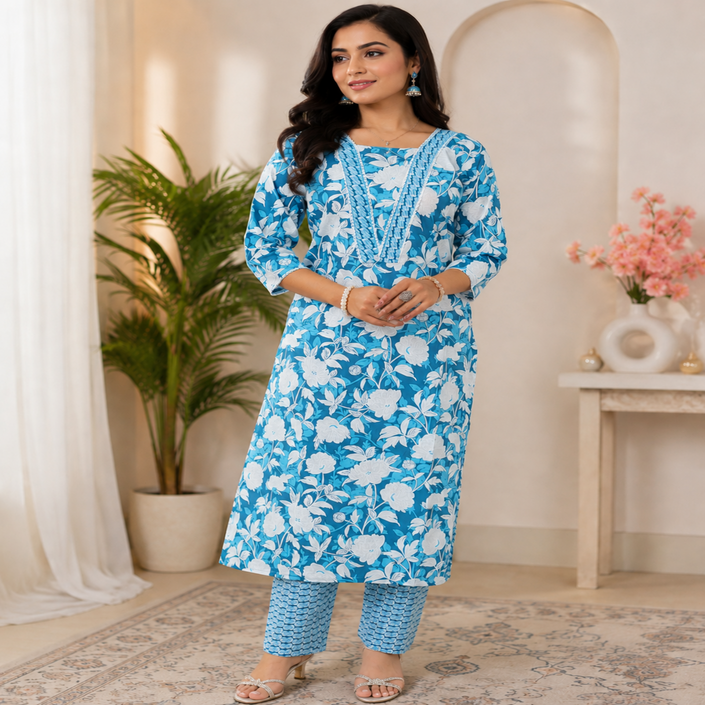 Blue White Cotton Floral Kurta Set for Women with Floral Printed Kurta and Matching Straight Pants