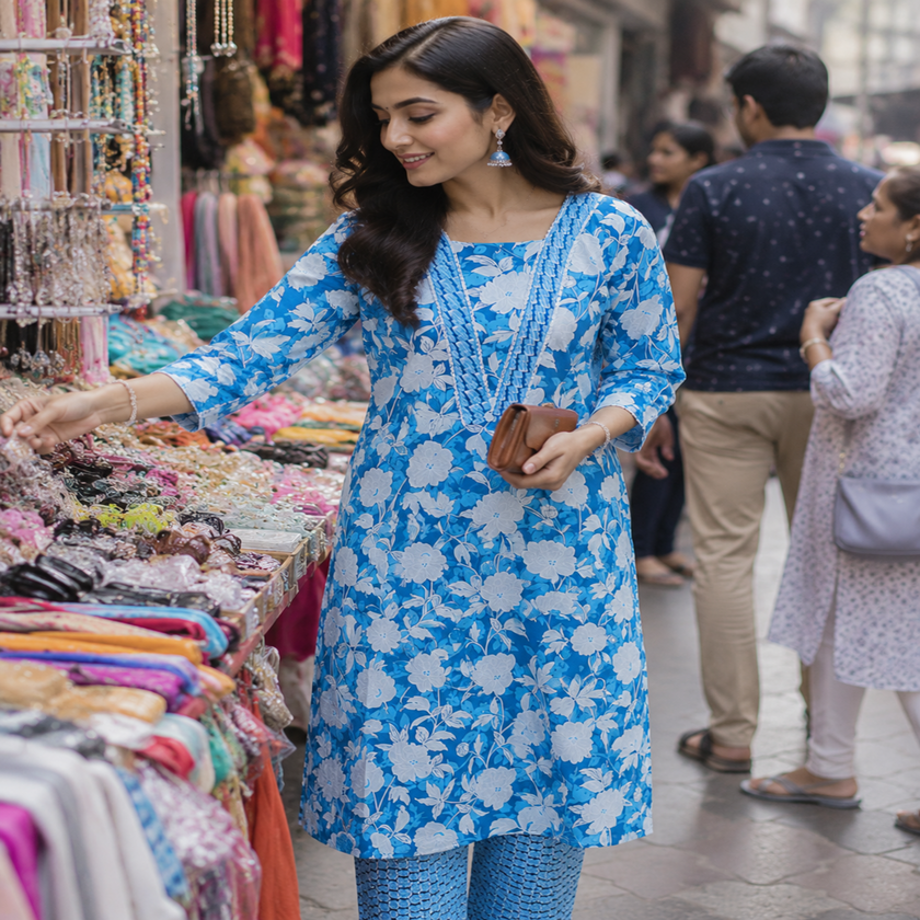 Blue White Floral Kurta Set