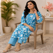 Blue White Cotton Floral Kurta Set for Women with Floral Printed Kurta and Matching Straight Pants