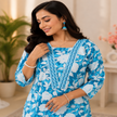Blue White Cotton Floral Kurta Set for Women with Floral Printed Kurta and Matching Straight Pants