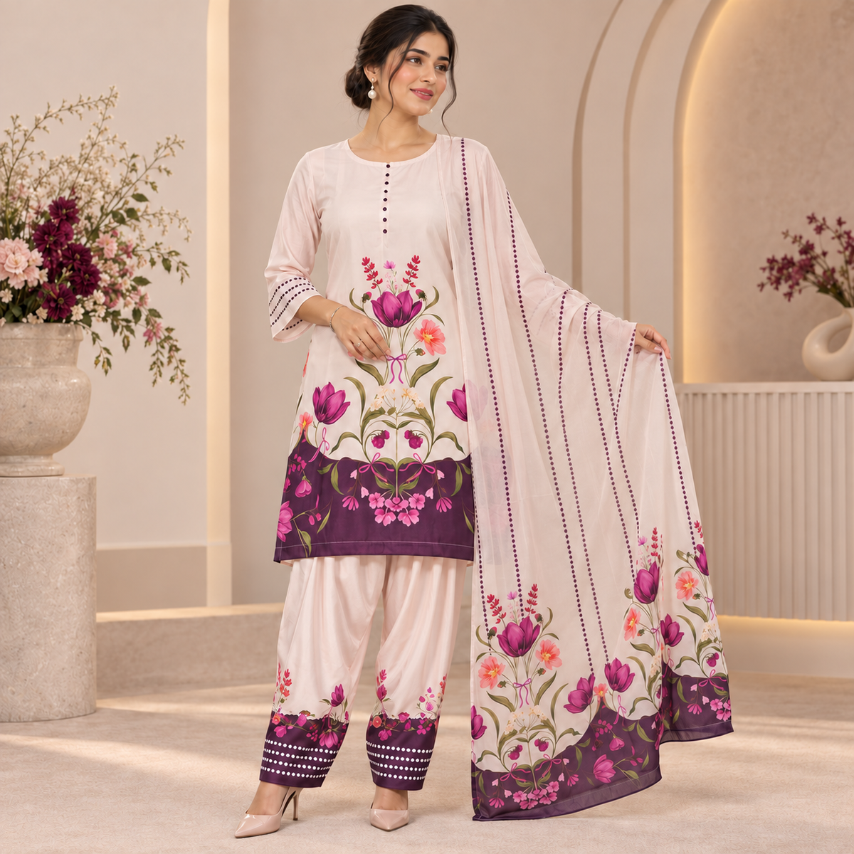 Blush Pink Satin Farshi Set with Dupatta