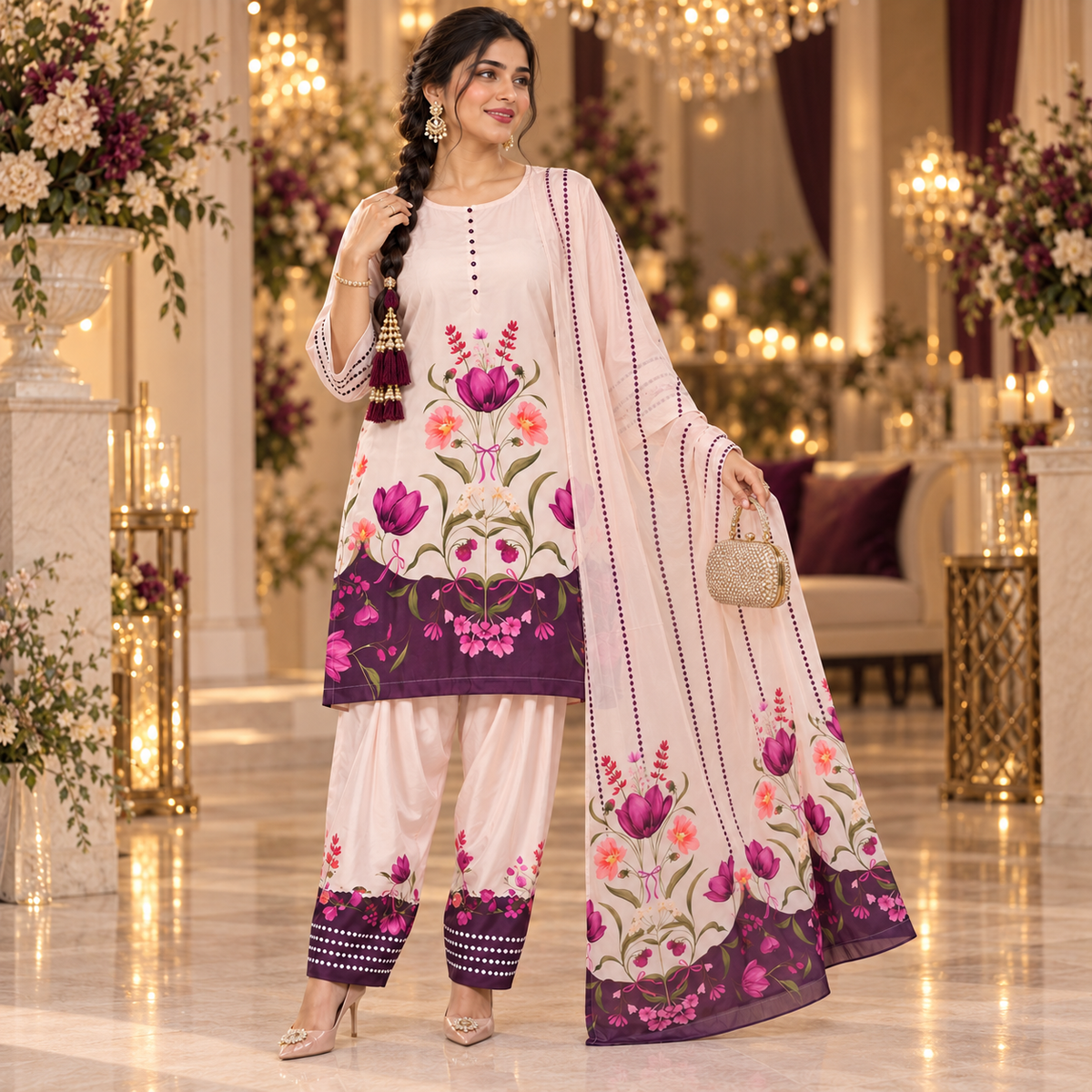 Blush Pink Satin Farshi Set with Dupatta