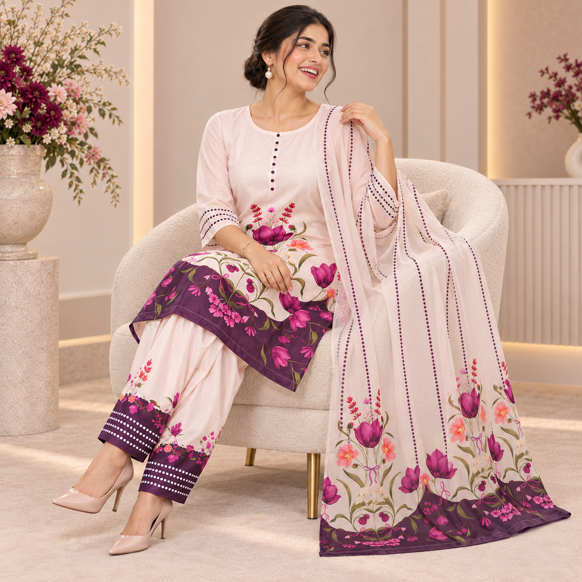 Blush Pink Satin Farshi Set with Dupatta