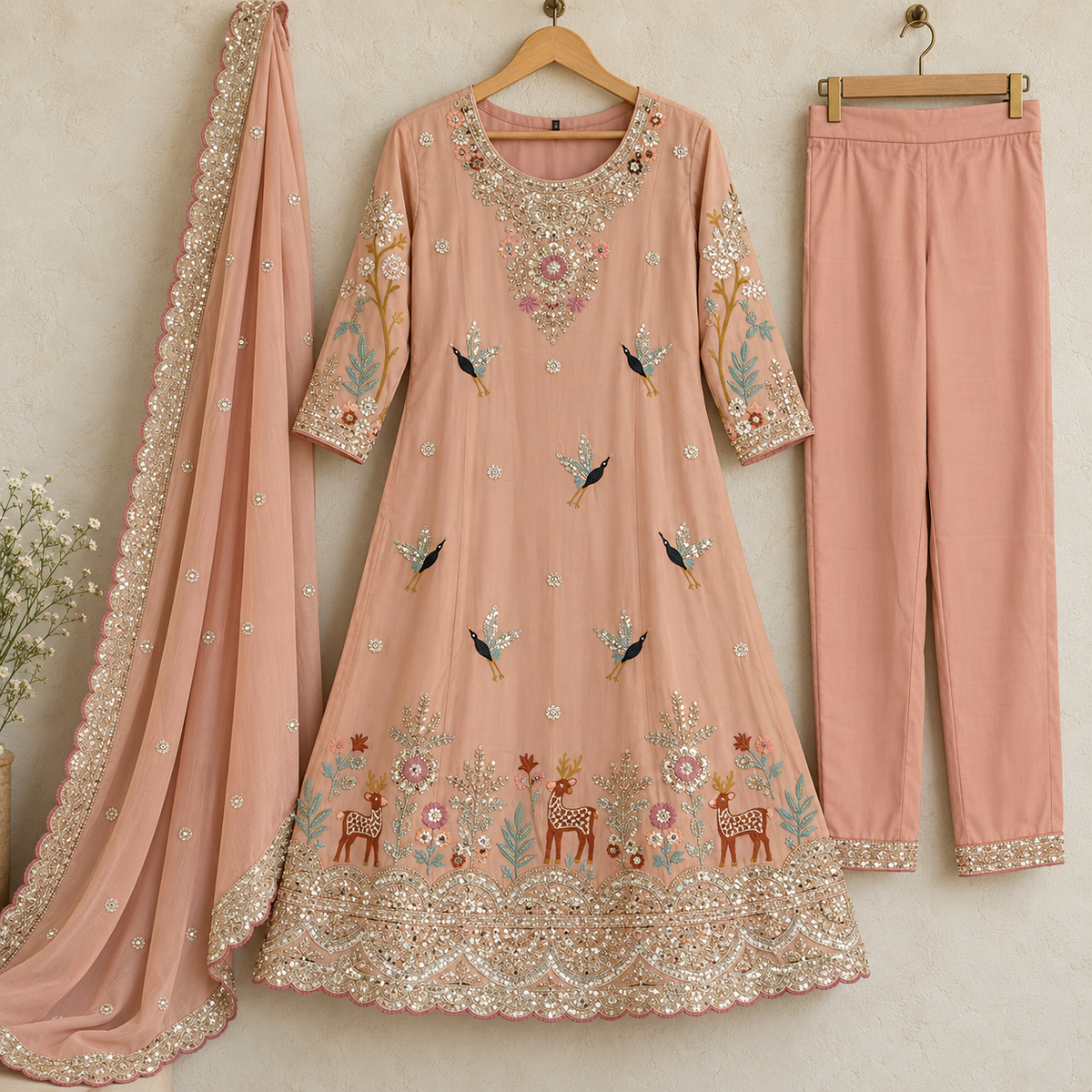 Peach Hand Embroidered A-Line Dupatta Suit