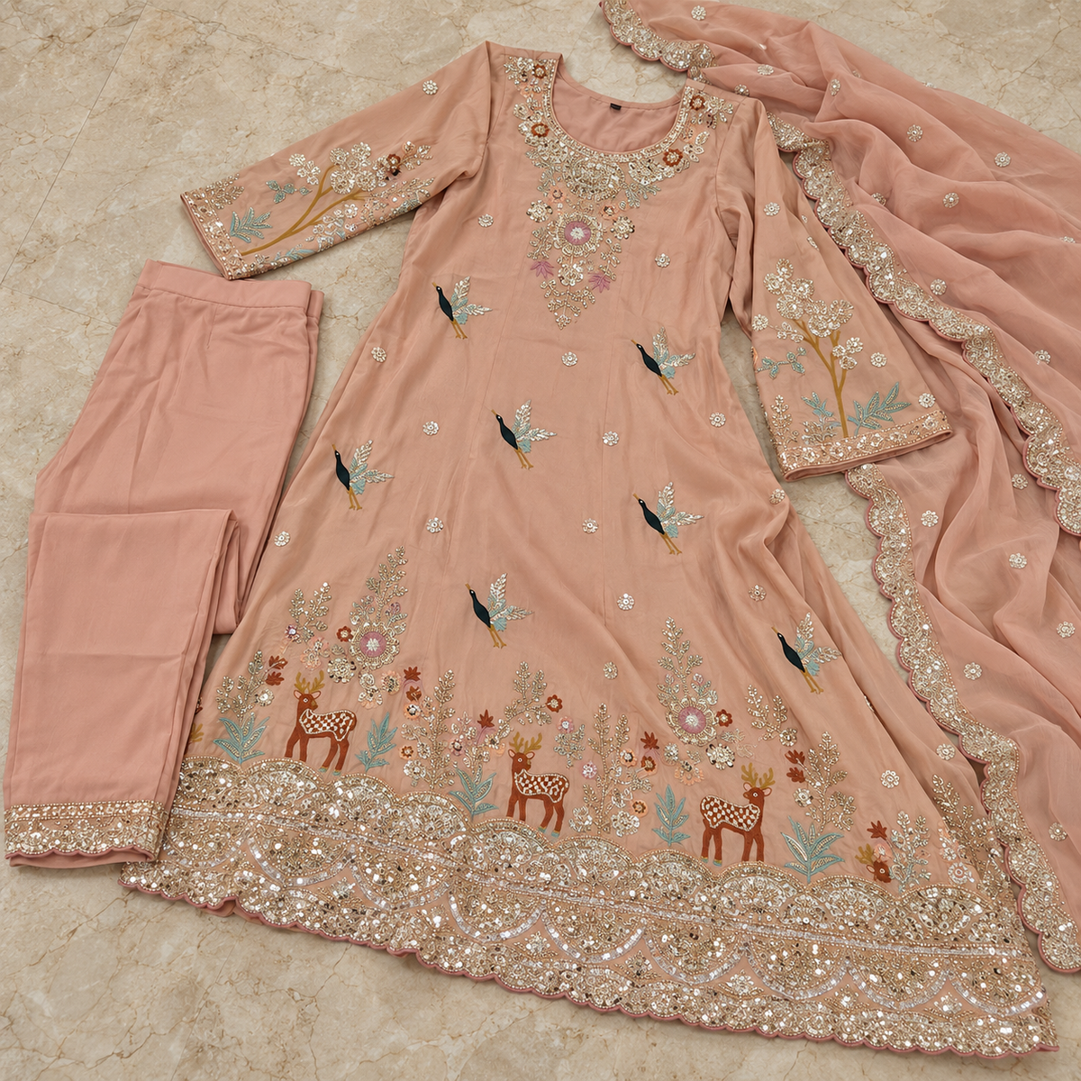 Peach Hand Embroidered A-Line Dupatta Suit