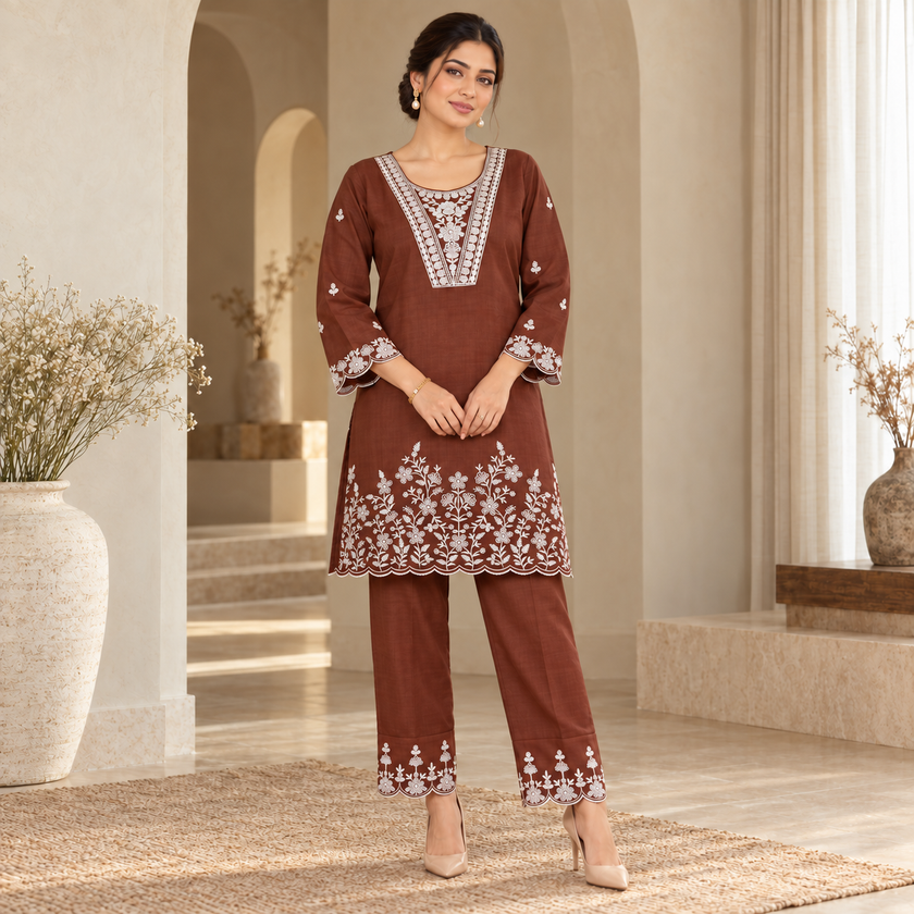 Brown Embroidery Cord Set