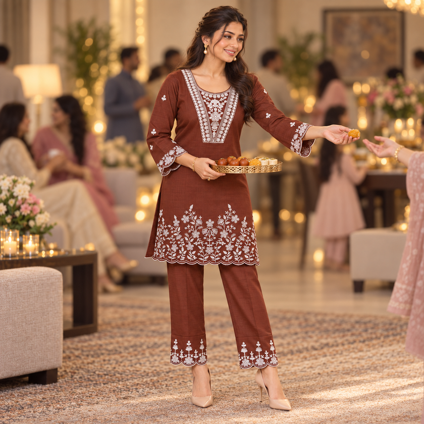 Brown Embroidery Cord Set