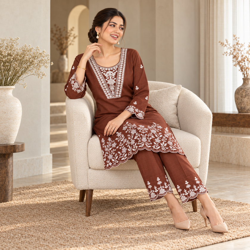 Brown Embroidery Cord Set