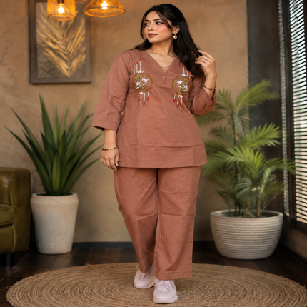 Brown embroidered cotton co-ord set for women with folk embroidery tunic and matching wide-leg pants
