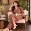 Brown embroidered cotton co-ord set for women with folk embroidery tunic and matching wide-leg pants