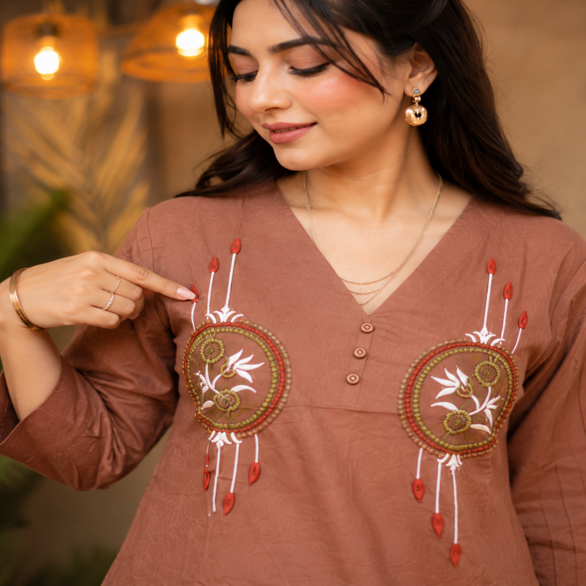Brown embroidered cotton co-ord set for women with folk embroidery tunic and matching wide-leg pants