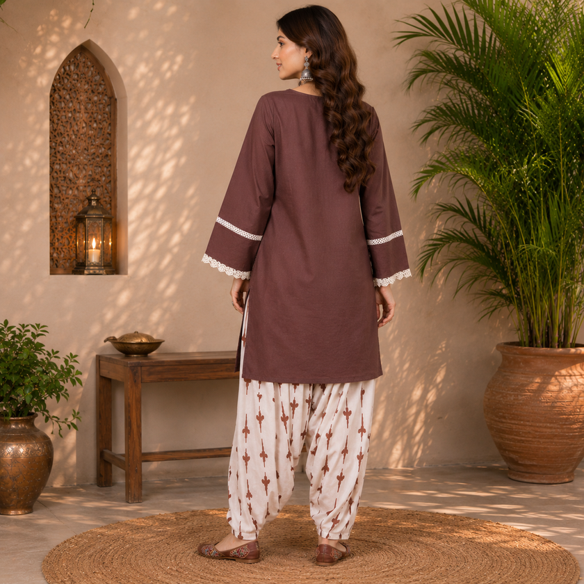 Brown Farshi Salwar Set for Women with Printed Farsi Salwar