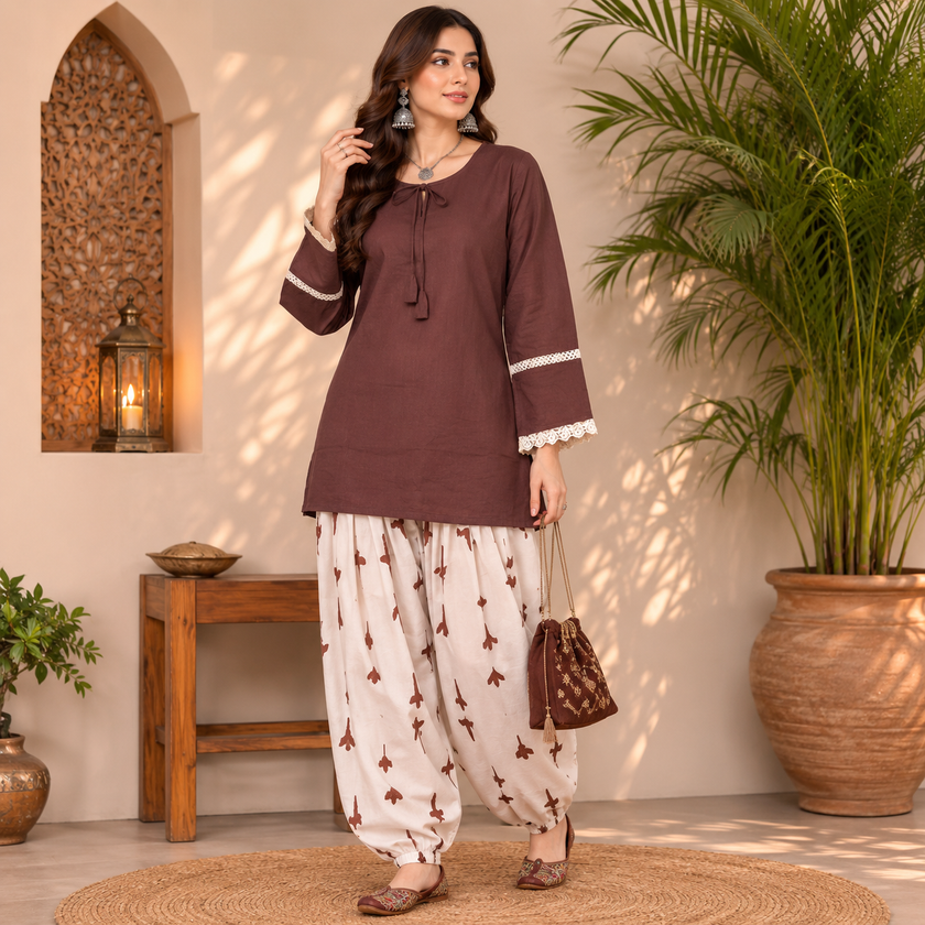 Brown Farshi Salwar Set for Women with Printed Farsi Salwar