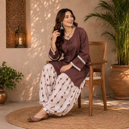 Brown Farshi Salwar Set for Women with Printed Farsi Salwar