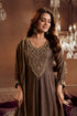 Brown gold embroidered Anarkali dupatta suit for women with flared silhouette, ornate neckline and matching pants