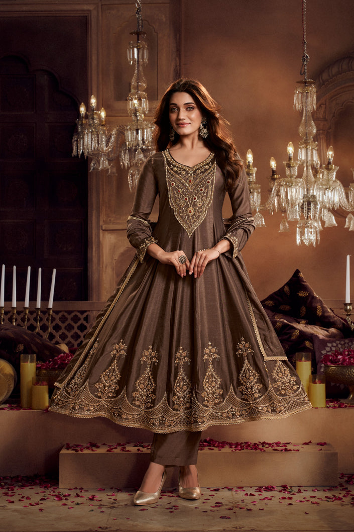 Brown gold embroidered Anarkali dupatta suit for women with flared silhouette, ornate neckline and matching pants