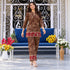Brown printed rayon co-ord set for women with short kurta, matching wide-leg pants and red contrast borders
