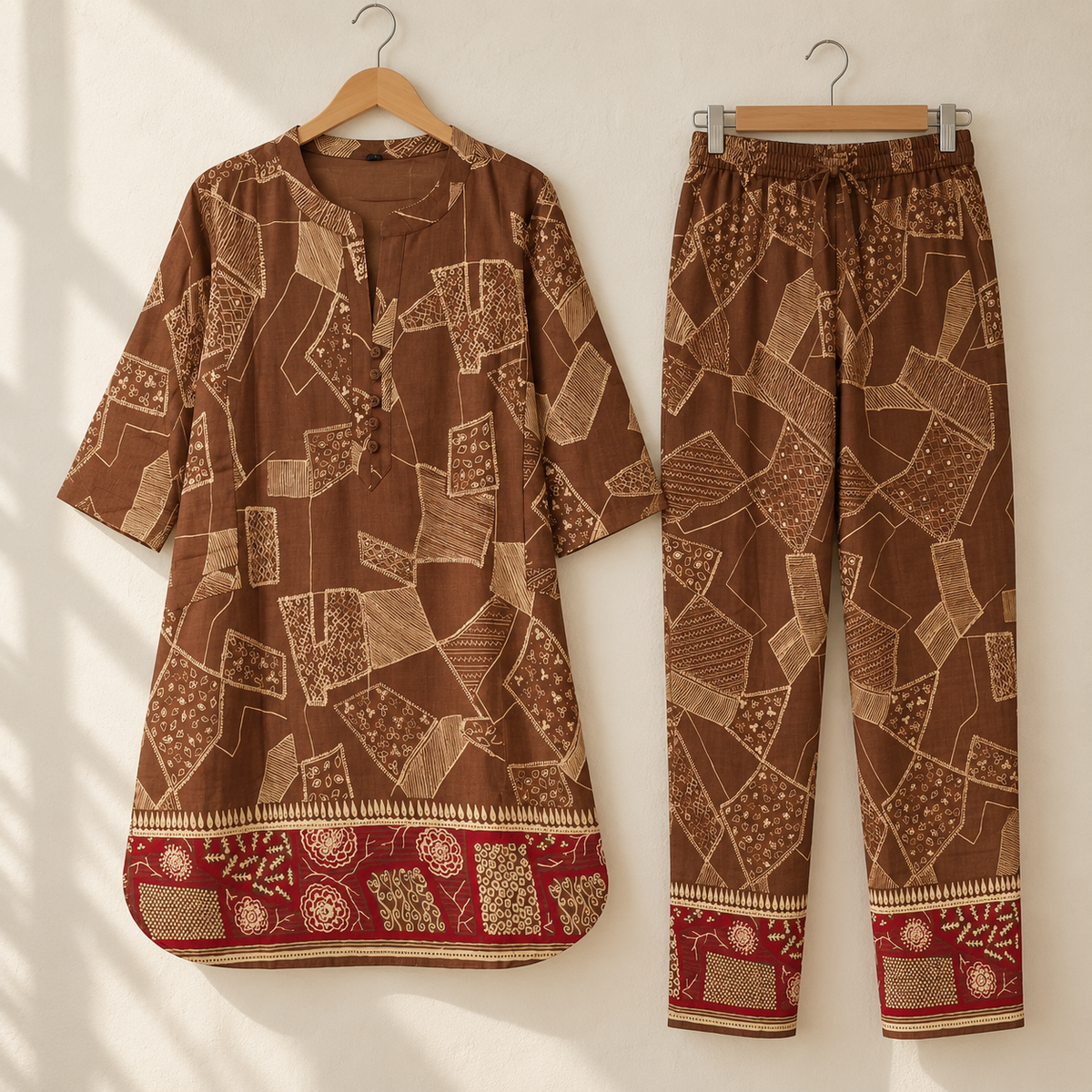 Brown Geometry Red Bordered Cord Set