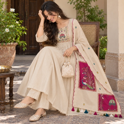 Ivory Peacock A-Line Dupatta Suit