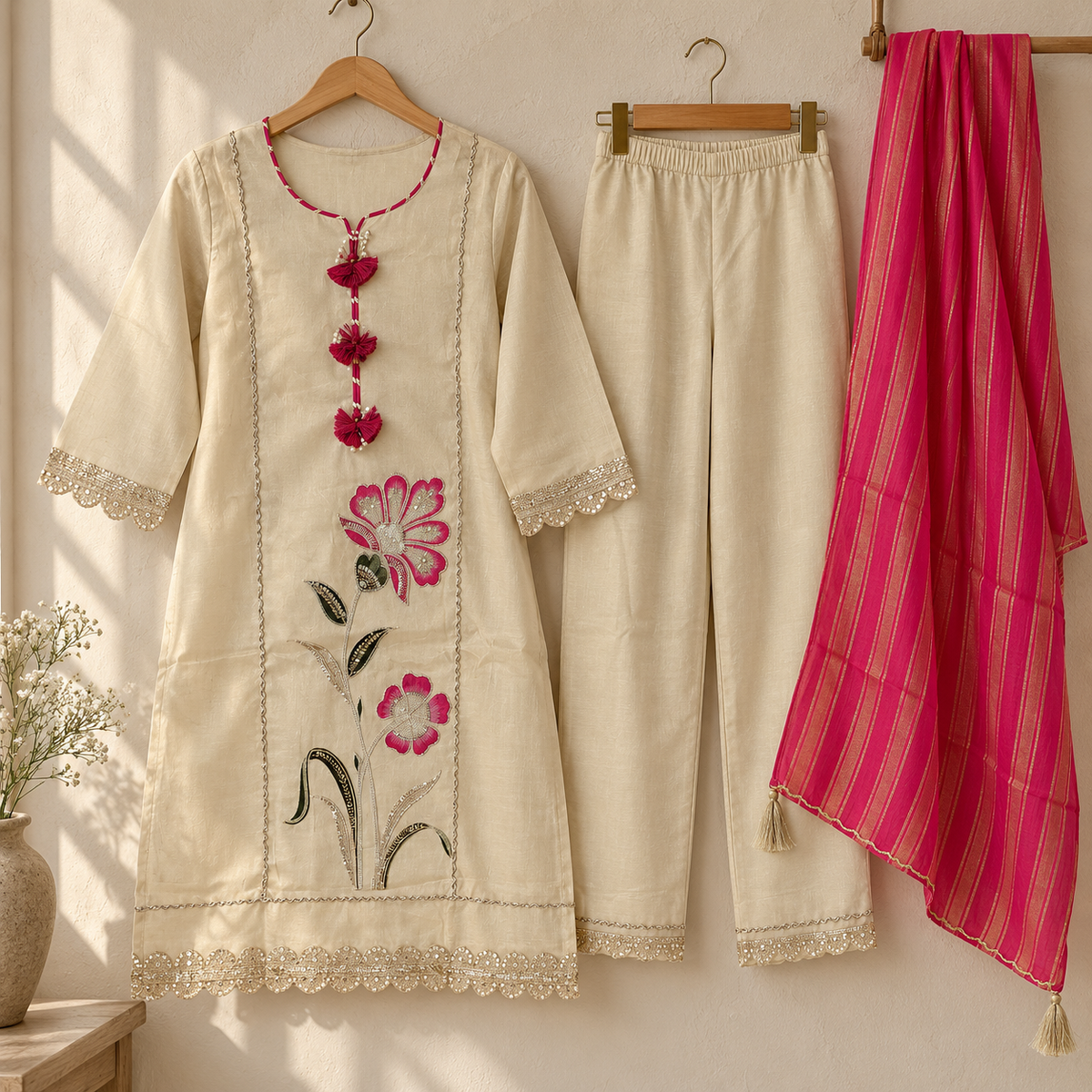 Cream Floral Embroidered Pink Dupatta Suit