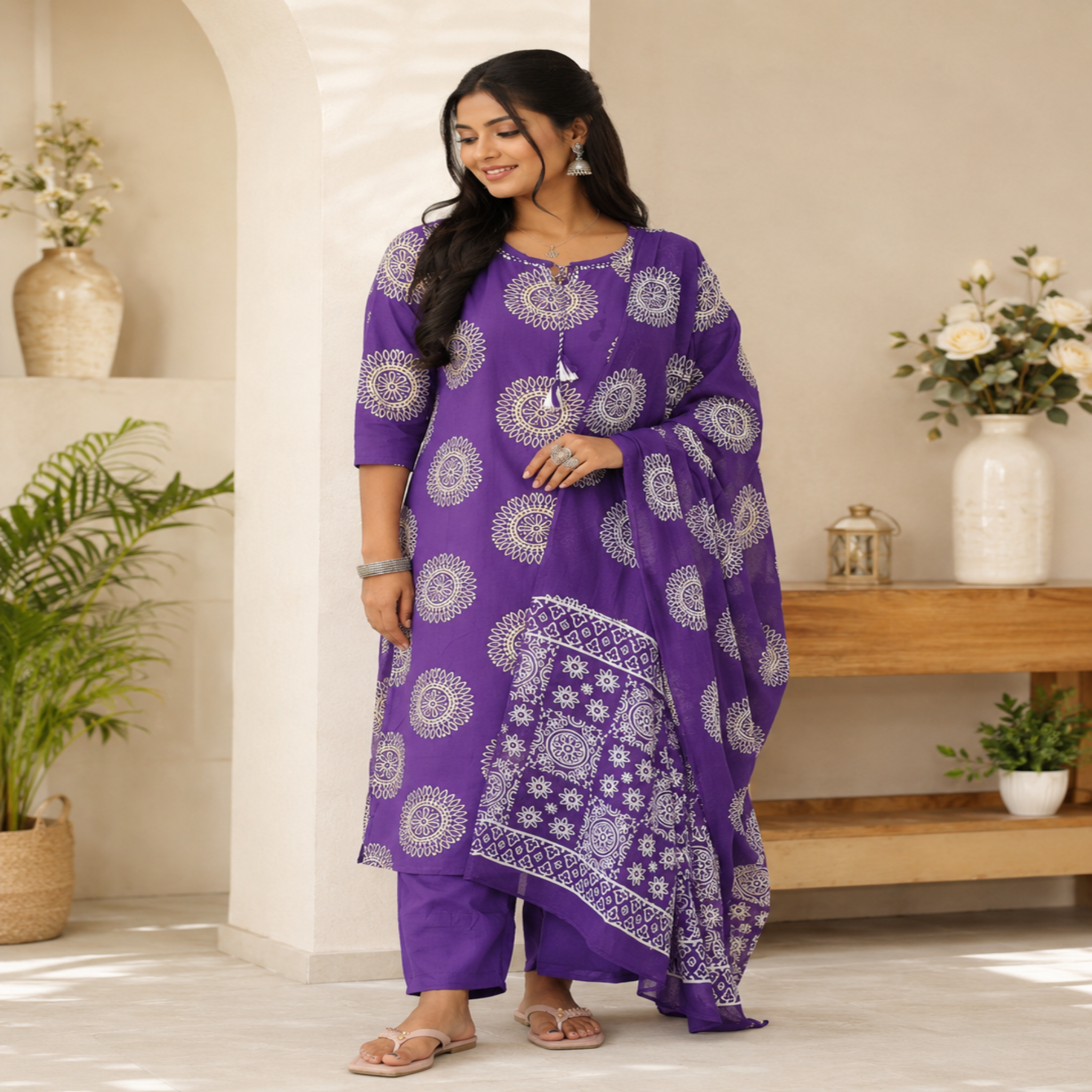 Purple Block Print Dupatta Suit