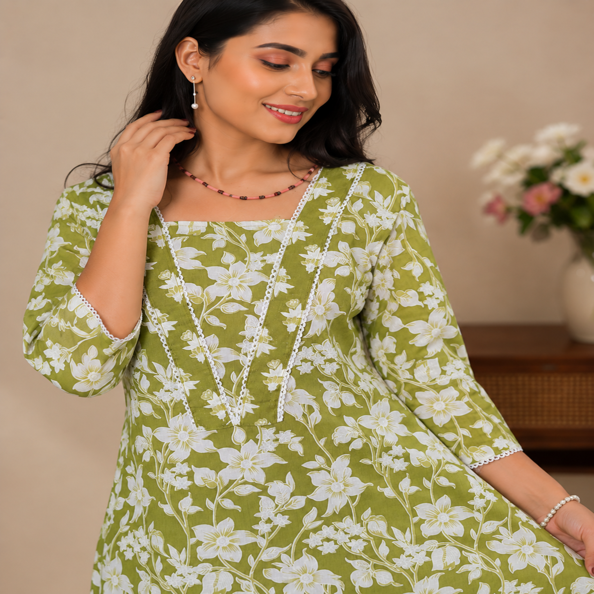 Green White Floral Kurta Set