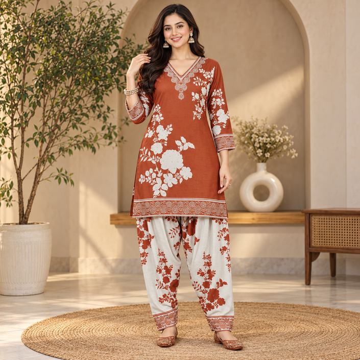 Floral Orange-Cream Woolen Farshi Salwar
