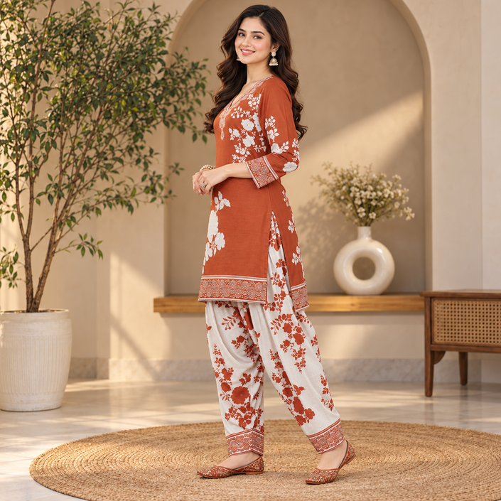 Floral Orange-Cream Woolen Farshi Salwar