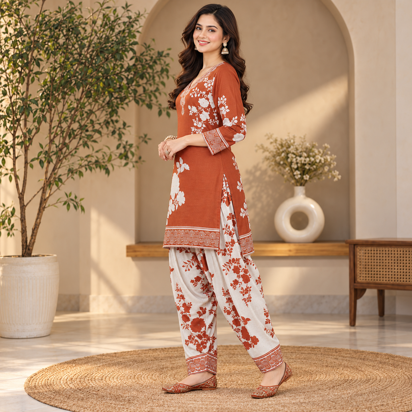 Floral Orange-Cream Woolen Farshi Salwar
