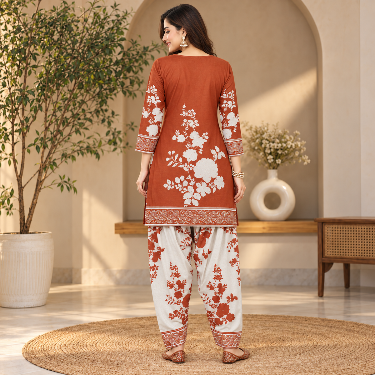 Floral Orange-Cream Woolen Farshi Salwar