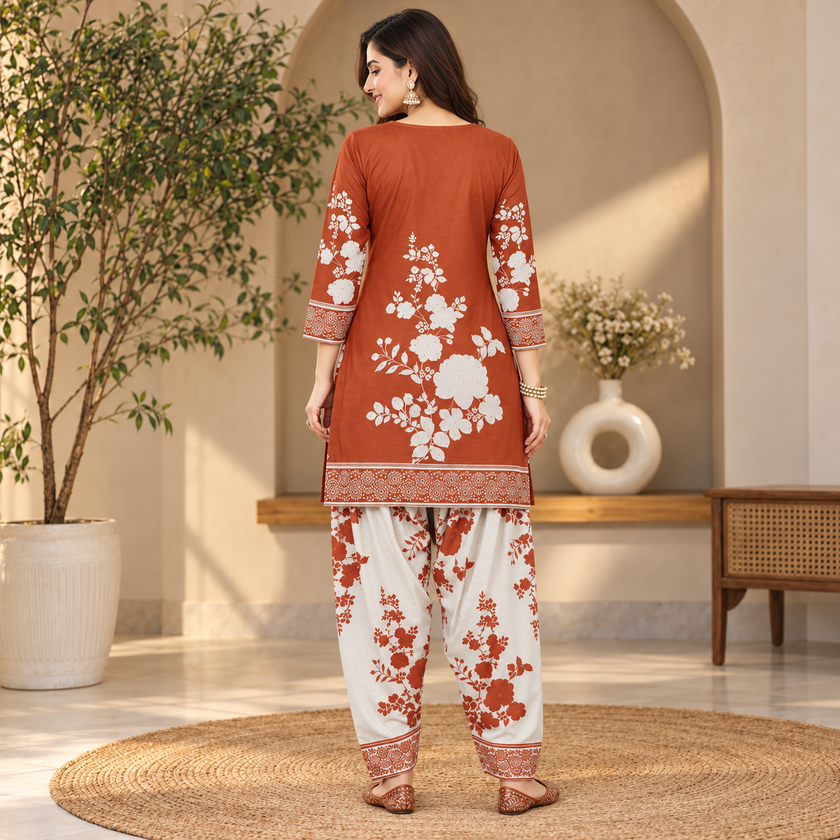 Floral Orange-Cream Woolen Farshi Salwar
